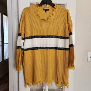 Derek Heart Mustard Distressed Knit Sweater 1X Yellow Striped Chunky Pullover